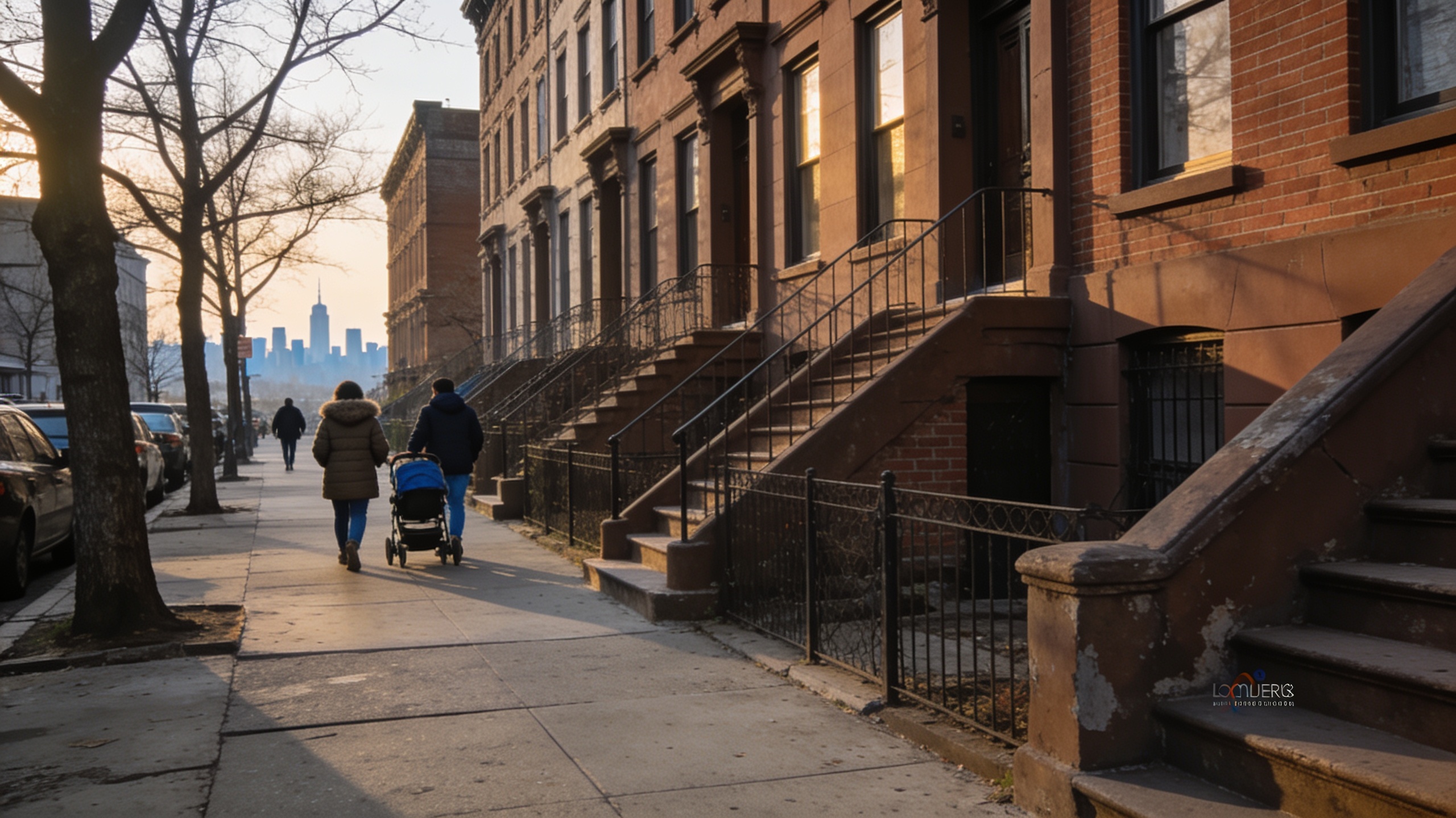 Straat in Brooklyn met de skyline van Manhattan op de achtergrond