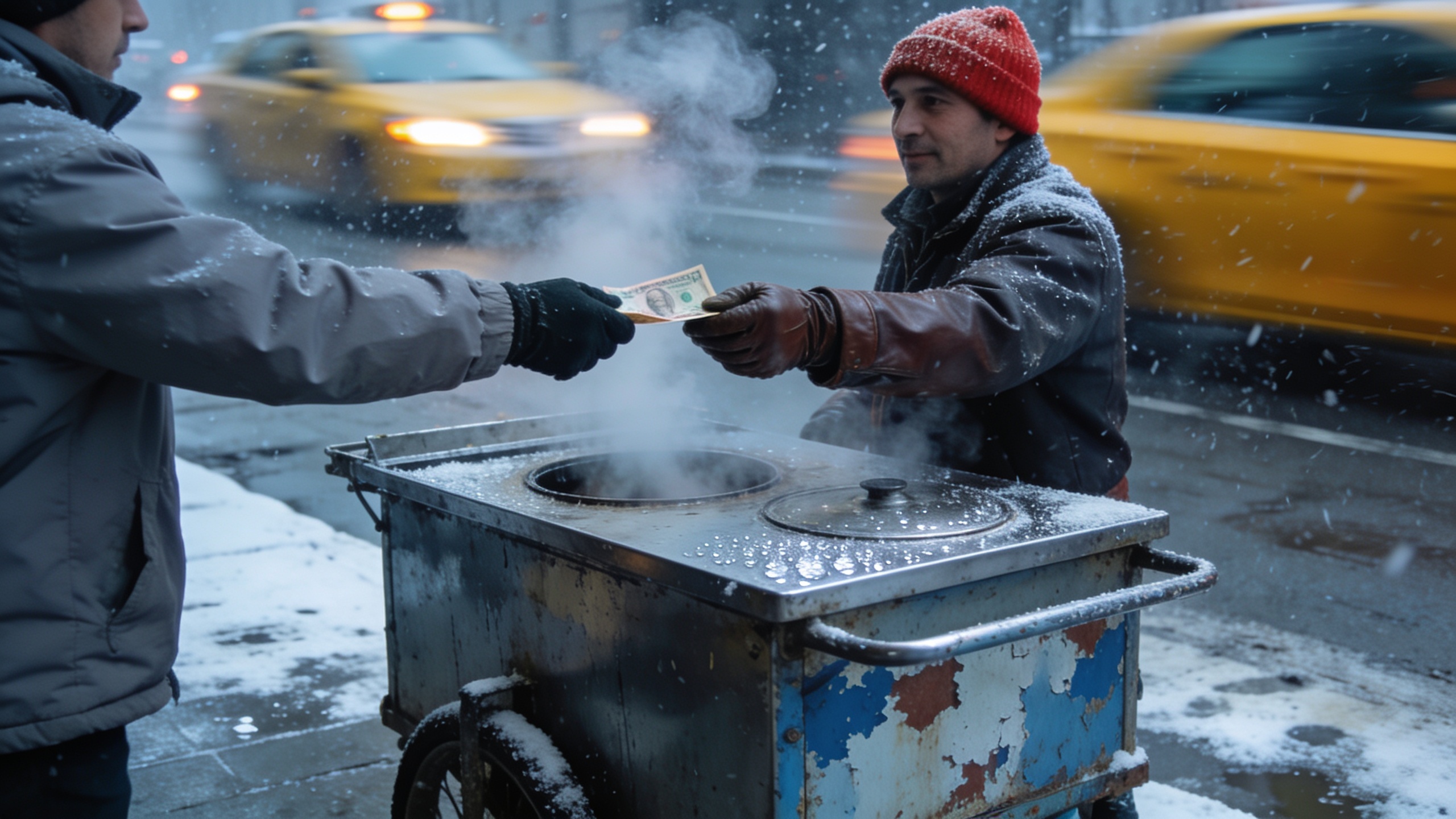 Eetkraam op straat in New York met klanten ervoor