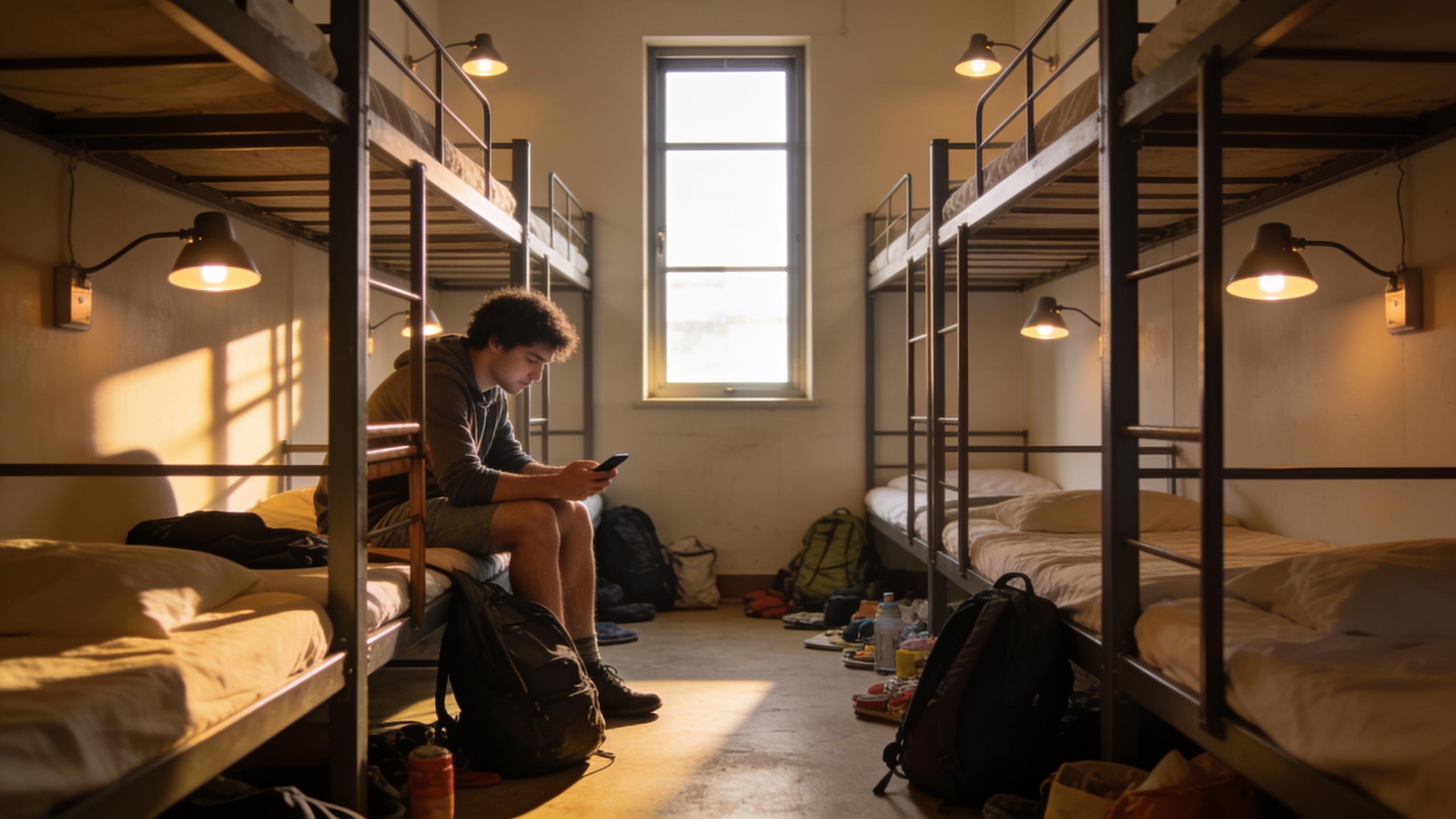 Slaapzaal in een hostel met stapelbedden en lockers