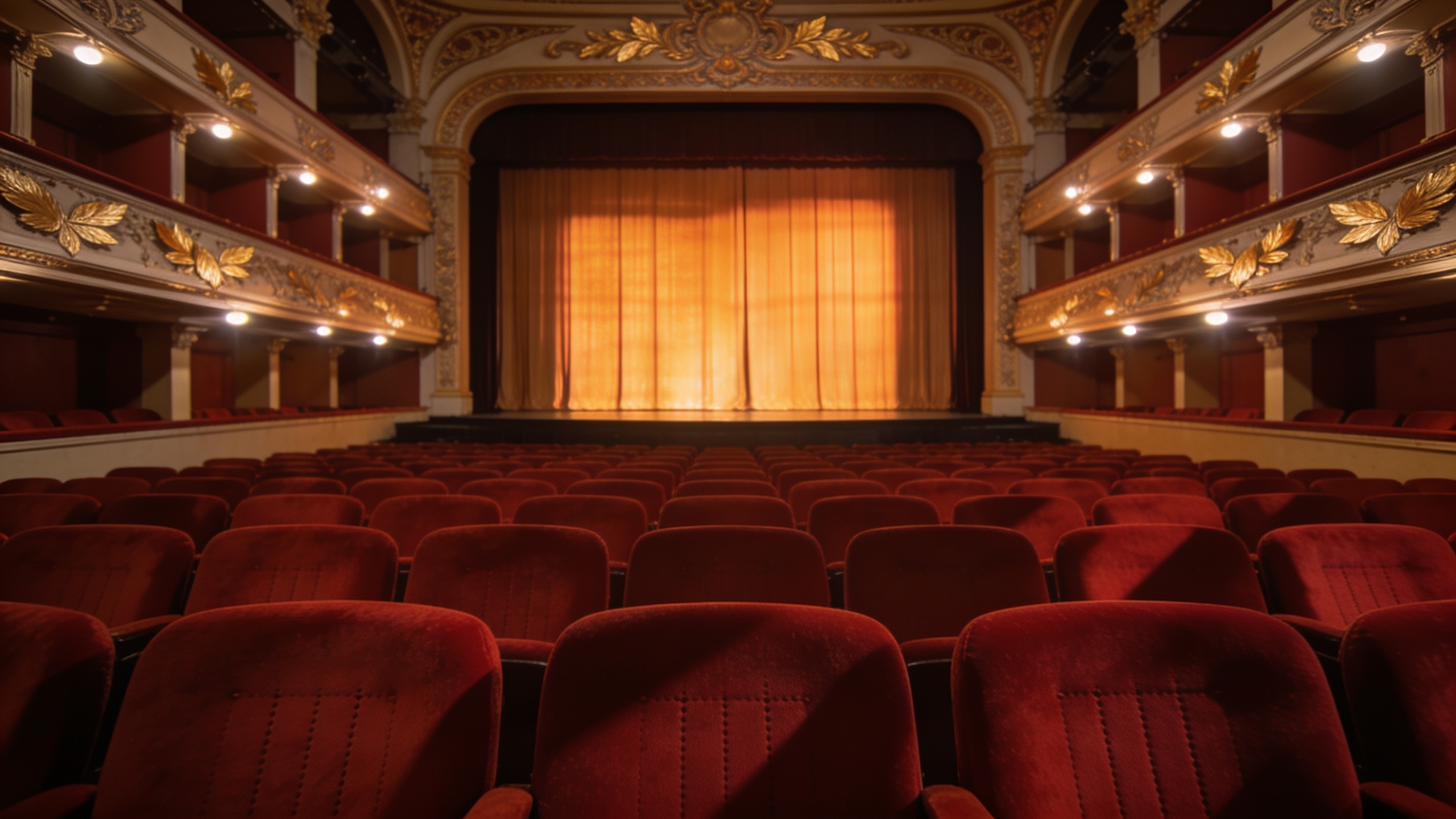 Lege theaterzaal met rode stoelen en een gesloten gordijn