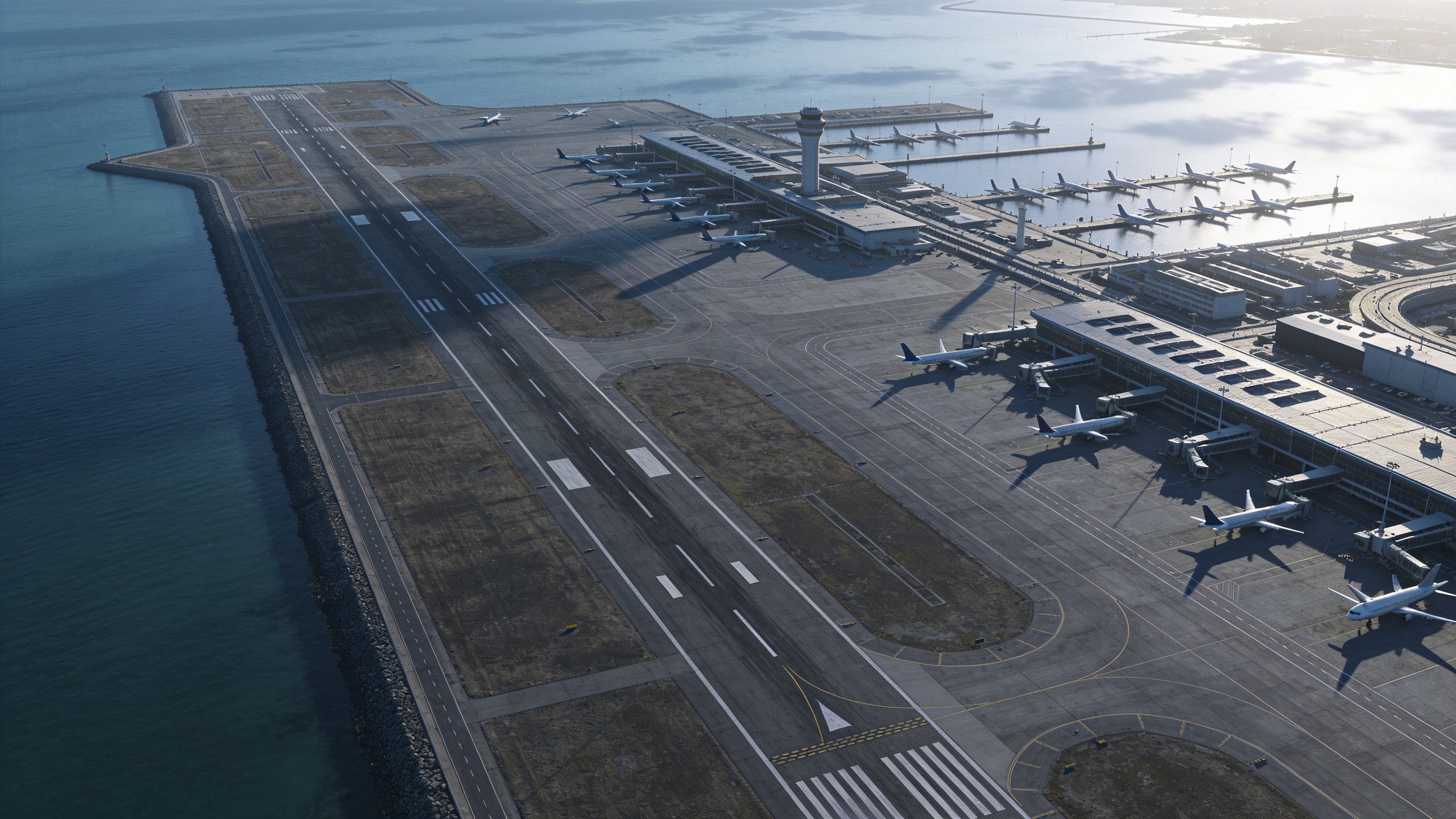 Luchthaven vanuit de lucht gezien, met start- en landingsbanen en platform