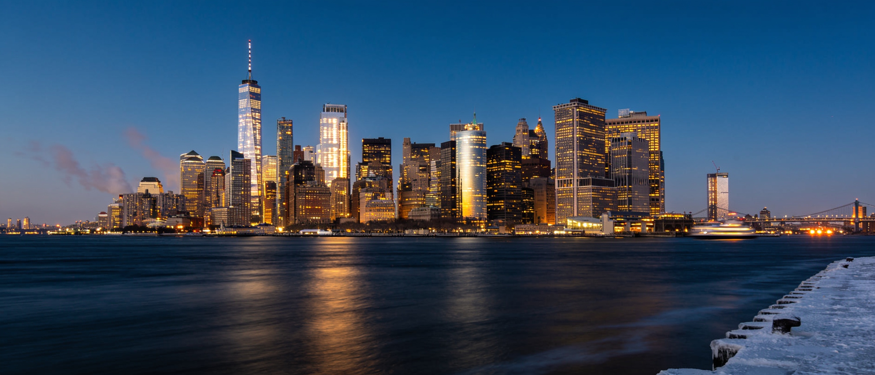 Manhattan bij het blauwe uur, gezien over de daken